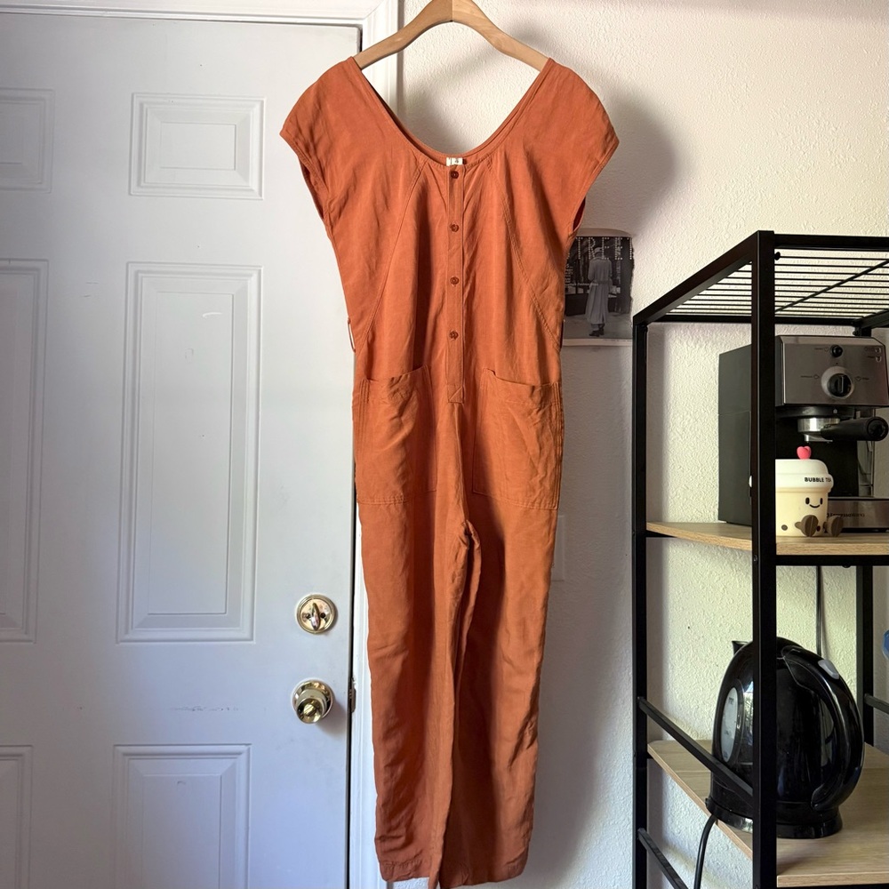 EVE GRAVEL rust‎ orange linen blend short sleeveless cropped jumpsuit